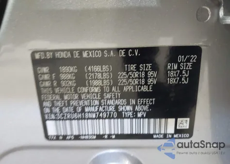 2022 Honda Hr-V Awd Sport z USA, uszkodzony, nr VIN 3CZRU6H18NM749770